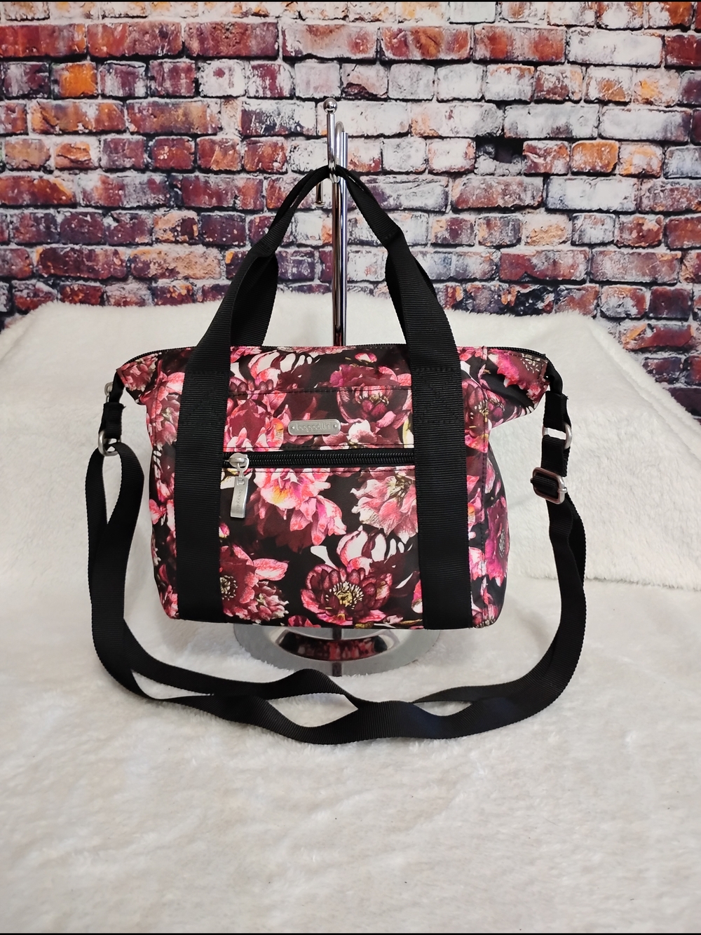Baggallini Washable Floral Top Handle Nylon Satchel Crossbody Tote - Peony Bloom